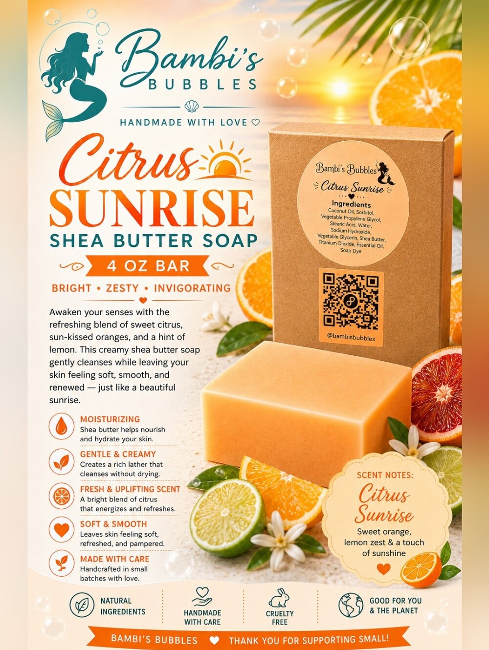 New! Hand Crafted Citrus Sunrise Shea Butter Soap 4oz
